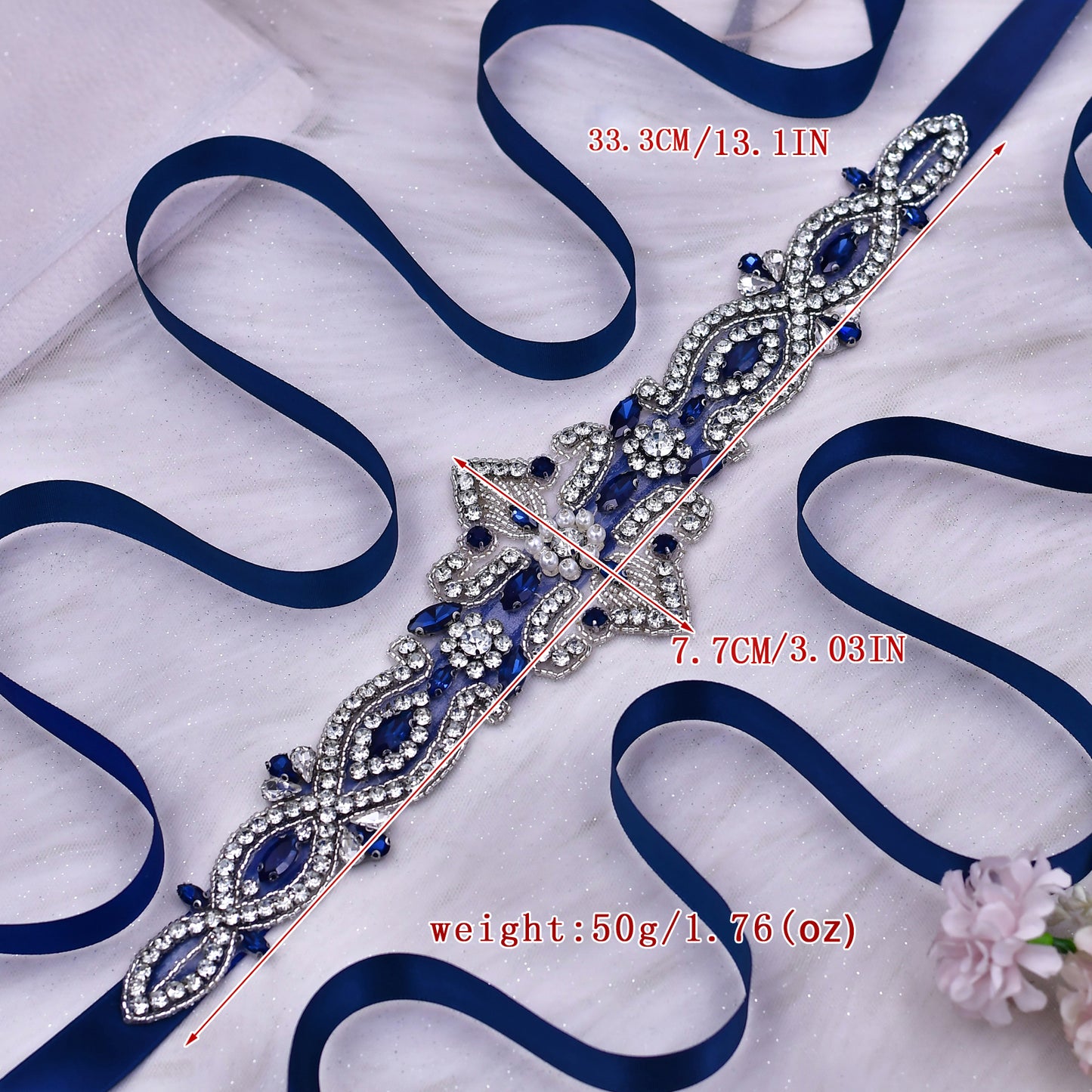 BRIDELLA  BS245ML New Navy Blue Dress Belt Rhinestone Wedding Accessories