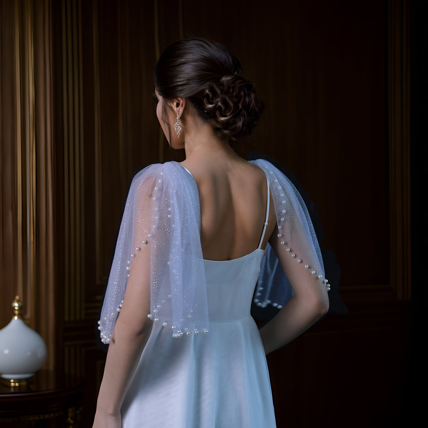 Ivory Starlight Mesh Bridal Shawl Sleeves Wedding Wrap BVG40A-XI Bridella