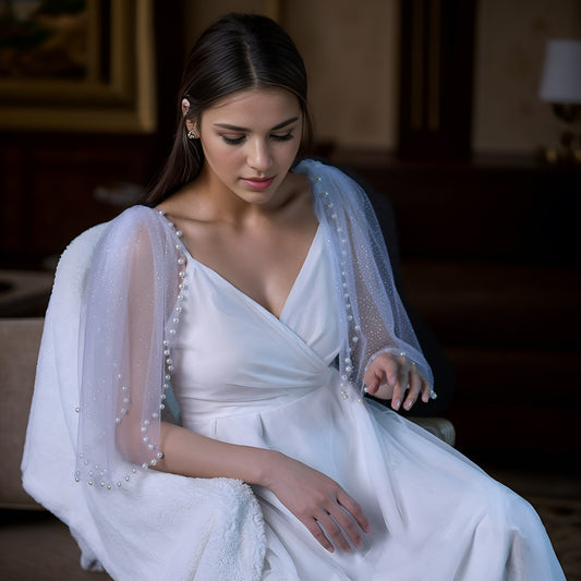 Ivory Starlight Mesh Bridal Shawl Sleeves Wedding Wrap BVG40A-XI Bridella