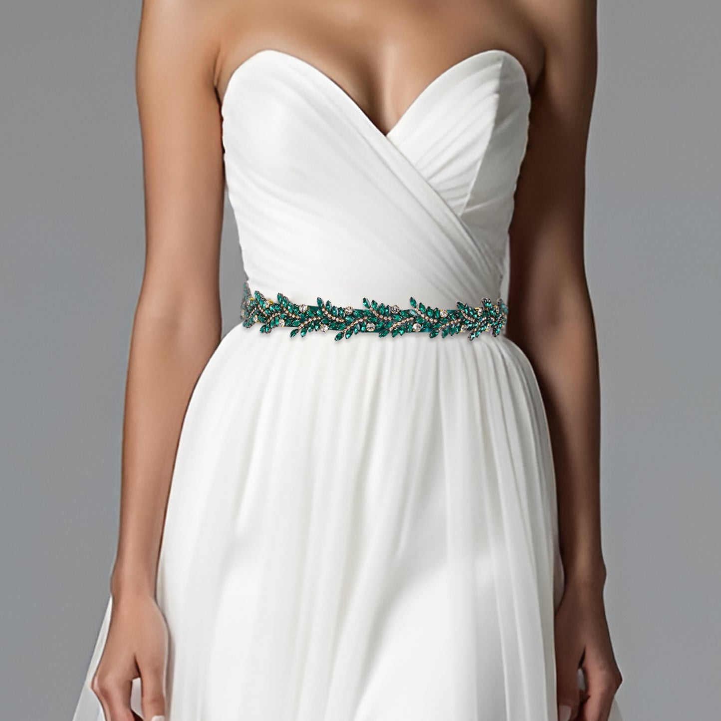 BRIDELLA BS242KL European And American Style Dress Belt Leaf Shape Emerald Rhinestone Wedding Accessories