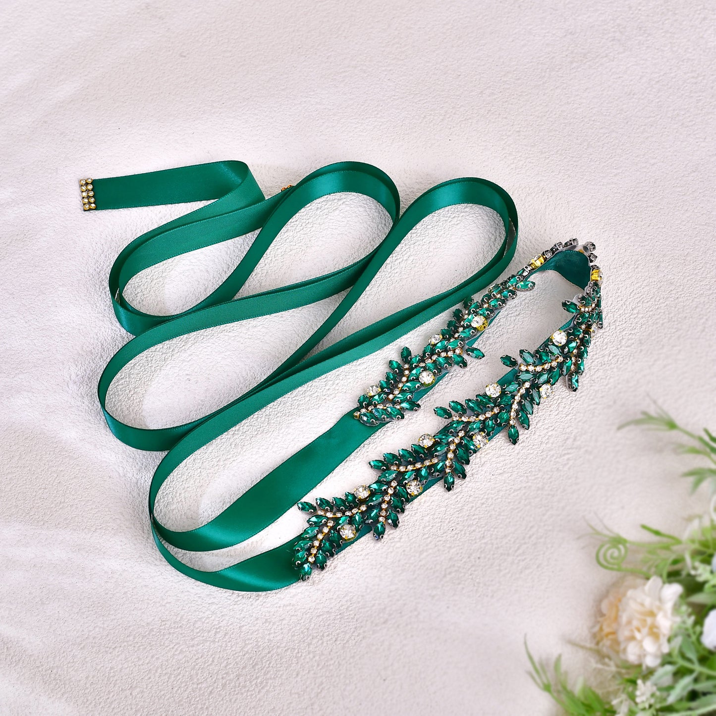 BRIDELLA BS242KL European And American Style Dress Belt Leaf Shape Emerald Rhinestone Wedding Accessories