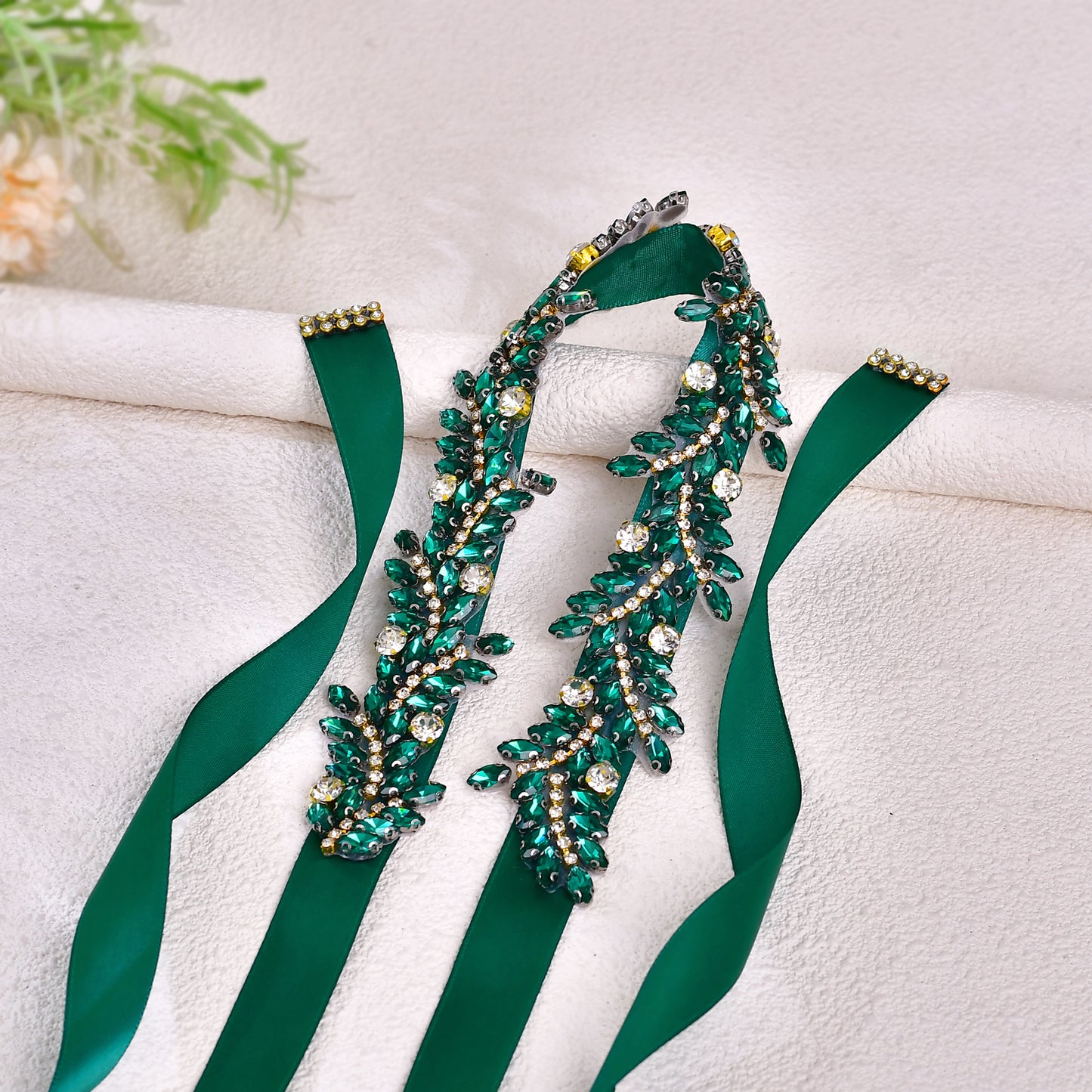 BRIDELLA BS242KL European And American Style Dress Belt Leaf Shape Emerald Rhinestone Wedding Accessories