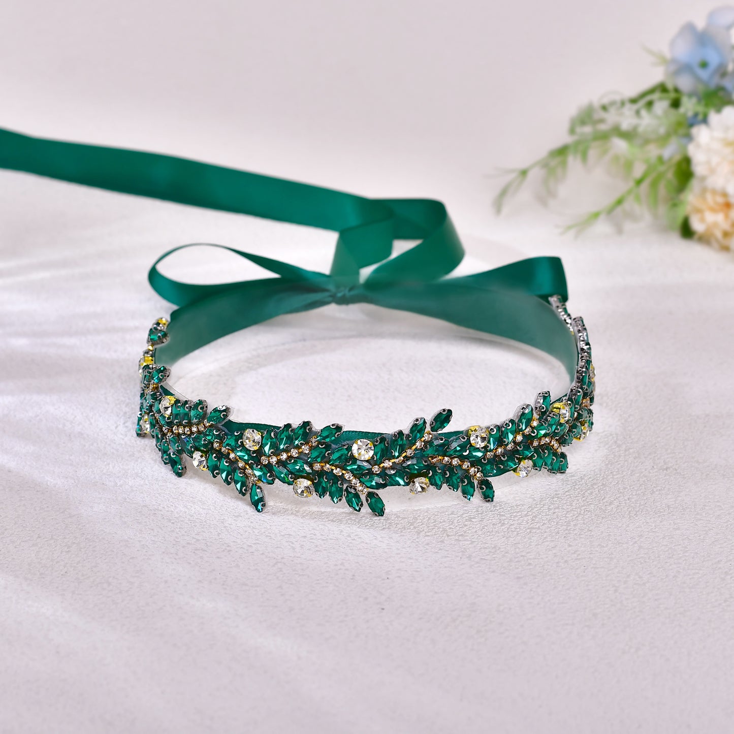 BRIDELLA BS242KL European And American Style Dress Belt Leaf Shape Emerald Rhinestone Wedding Accessories