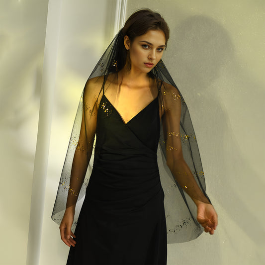 BRIDELLA BM106 1 Tier Black Bridal Veil With Sequins Decoration 1-Meter-Long Wedding Veil With Comb Shiny Retro Veil Suitable For Weddings Parties Halloween