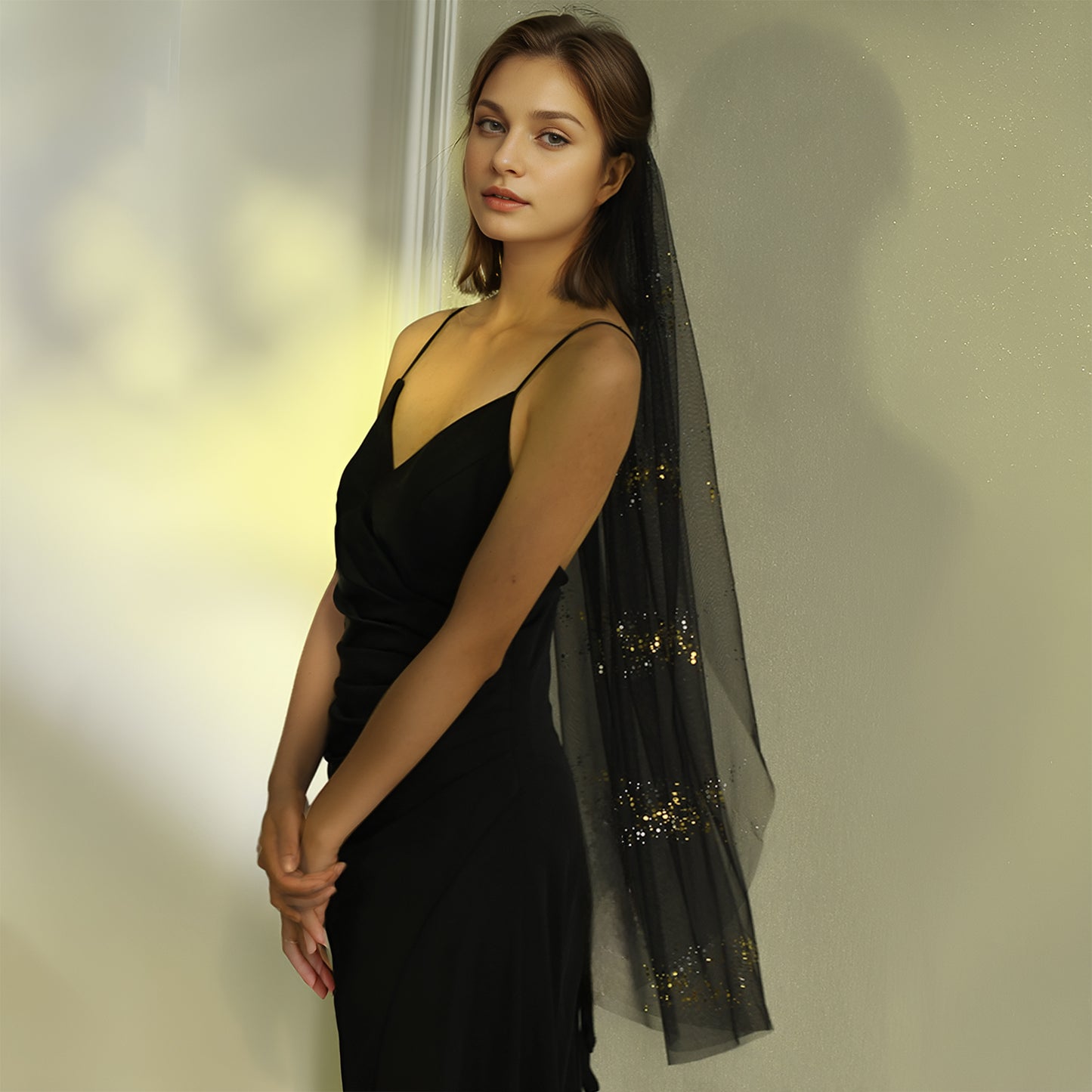 BRIDELLA BM106 1 Tier Black Bridal Veil With Sequins Decoration 1-Meter-Long Wedding Veil With Comb Shiny Retro Veil Suitable For Weddings Parties Halloween