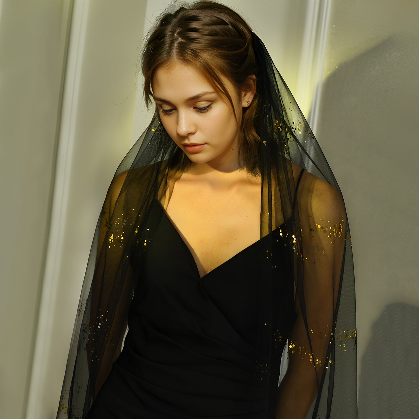 BRIDELLA BM106 1 Tier Black Bridal Veil With Sequins Decoration 1-Meter-Long Wedding Veil With Comb Shiny Retro Veil Suitable For Weddings Parties Halloween