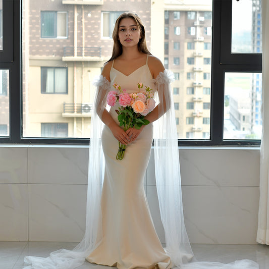 BRIDELLA BMM03 Simple Long Bridal Sleeve Wedding Dress With Detachable False Sleeves For Stage Performances