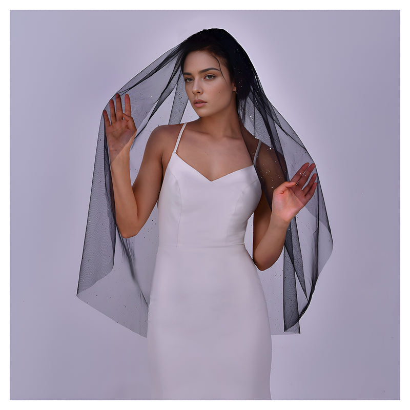BRIDELLA BM118 Sparkling Single-Layer Bridal Veil with Glitter Decoration Black Wedding Veil with Comb Halloween Wedding Accessories Suitable for Bridal Wedding Parties