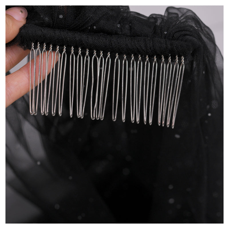 BRIDELLA BM118 Sparkling Single-Layer Bridal Veil with Glitter Decoration Black Wedding Veil with Comb Halloween Wedding Accessories Suitable for Bridal Wedding Parties