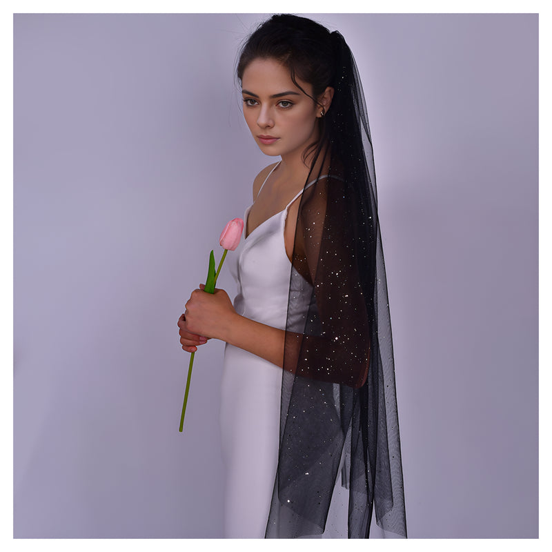 BRIDELLA BM118 Sparkling Single-Layer Bridal Veil with Glitter Decoration Black Wedding Veil with Comb Halloween Wedding Accessories Suitable for Bridal Wedding Parties