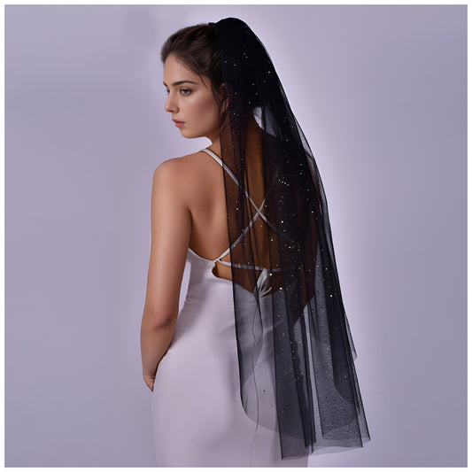 BRIDELLA BM118 Sparkling Single-Layer Bridal Veil with Glitter Decoration Black Wedding Veil with Comb Halloween Wedding Accessories Suitable for Bridal Wedding Parties