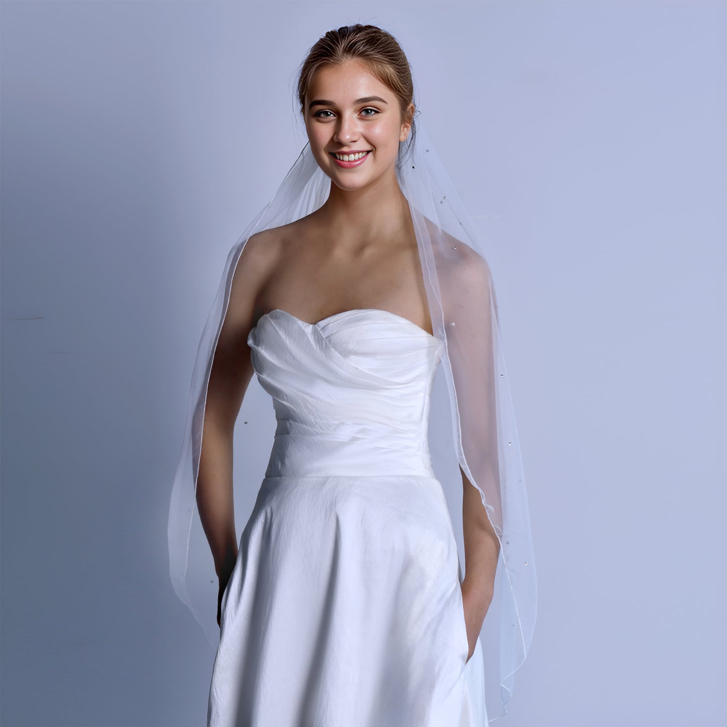 BRIDELLA BM128 Elegant Single-Layer Rhinestone Bridal Veil Simple White Edge Wedding Veil with Comb Romantic Rhinestone Veil Nylon Wedding Accessories Suitable for Bridal Weddings