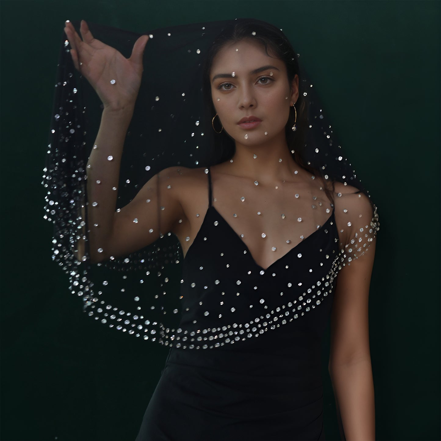BRIDELLA BM132 Retro Single-Layer Encrypted Rhinestone Black Bridal Veil Luxurious 1-Meter-Long Wedding Veil Without Comb