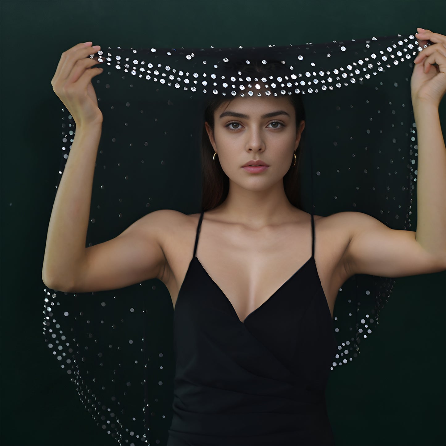 BRIDELLA BM132 Retro Single-Layer Encrypted Rhinestone Black Bridal Veil Luxurious 1-Meter-Long Wedding Veil Without Comb