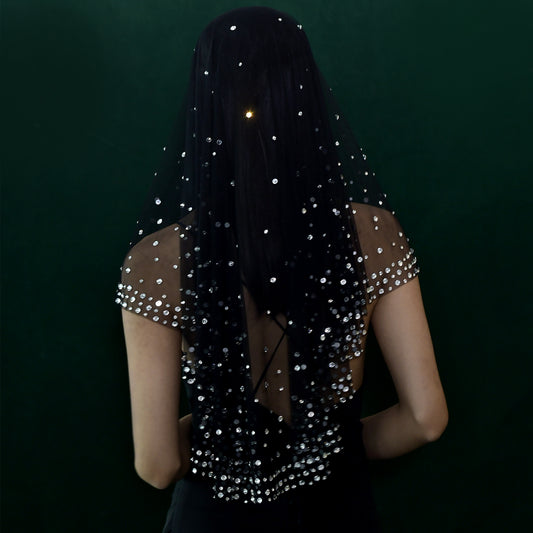 BRIDELLA BM132 Retro Single-Layer Encrypted Rhinestone Black Bridal Veil Luxurious 1-Meter-Long Wedding Veil Without Comb