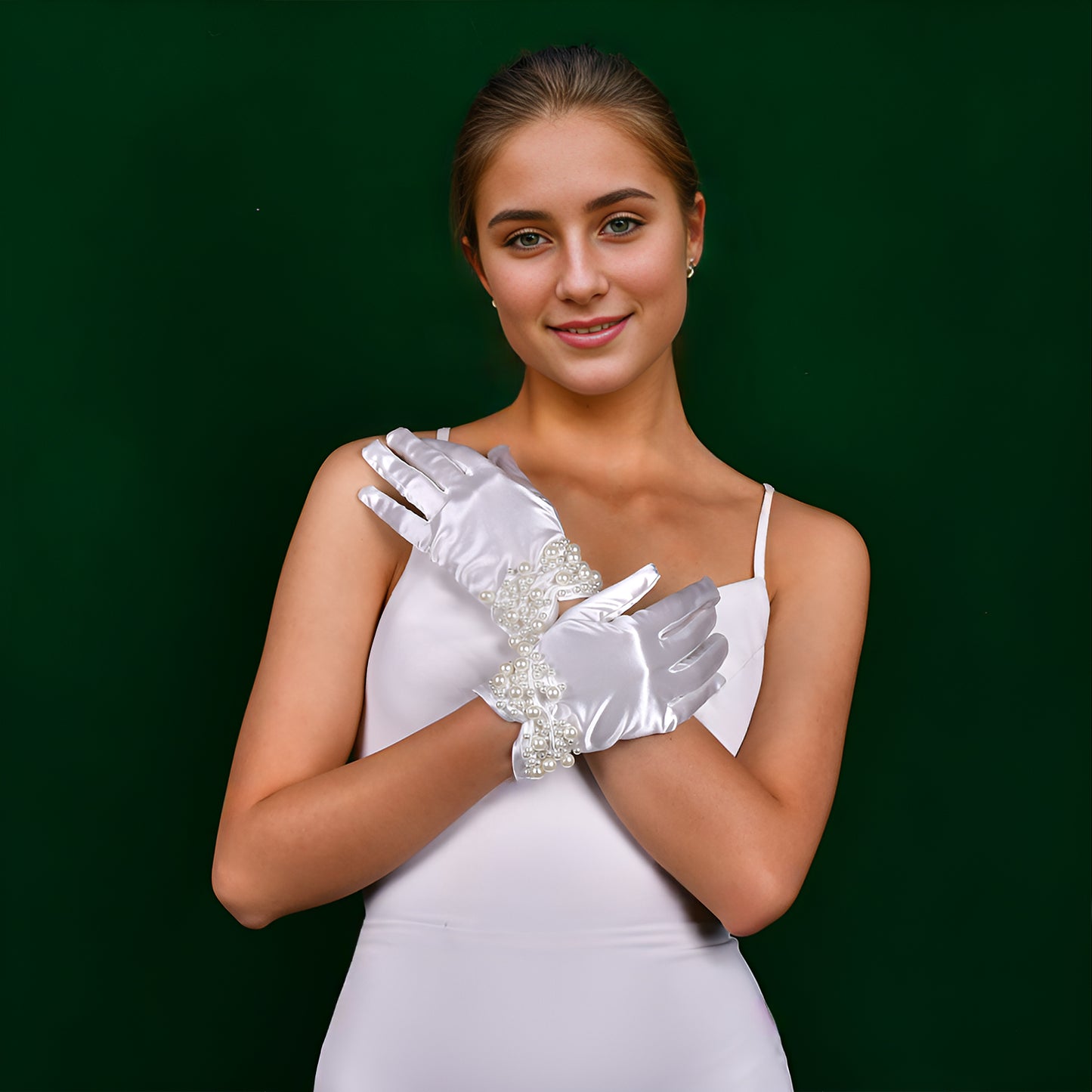 BRIDELLA BMM13 White Pearl Short Bridal Gloves Wedding Dress Accessories Evening Dress Accessories