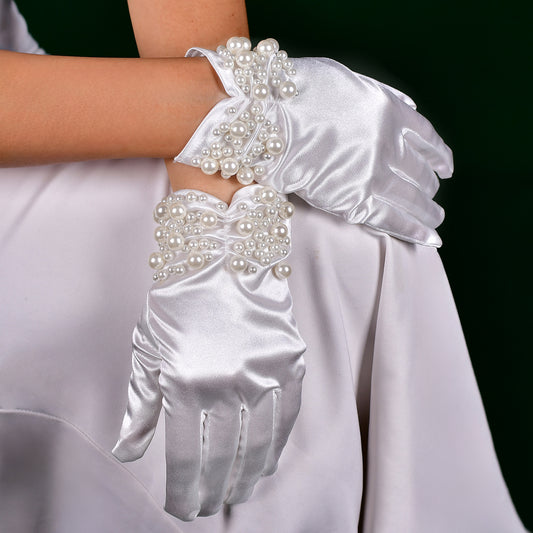 BRIDELLA BMM13 White Pearl Short Bridal Gloves Wedding Dress Accessories Evening Dress Accessories