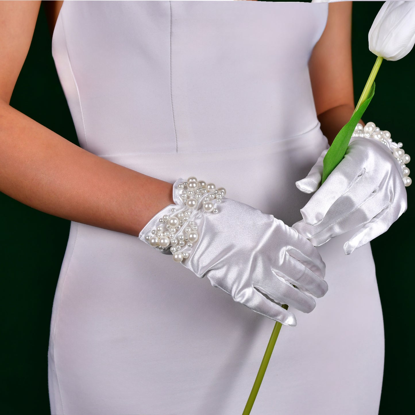 BRIDELLA BMM13 White Pearl Short Bridal Gloves Wedding Dress Accessories Evening Dress Accessories