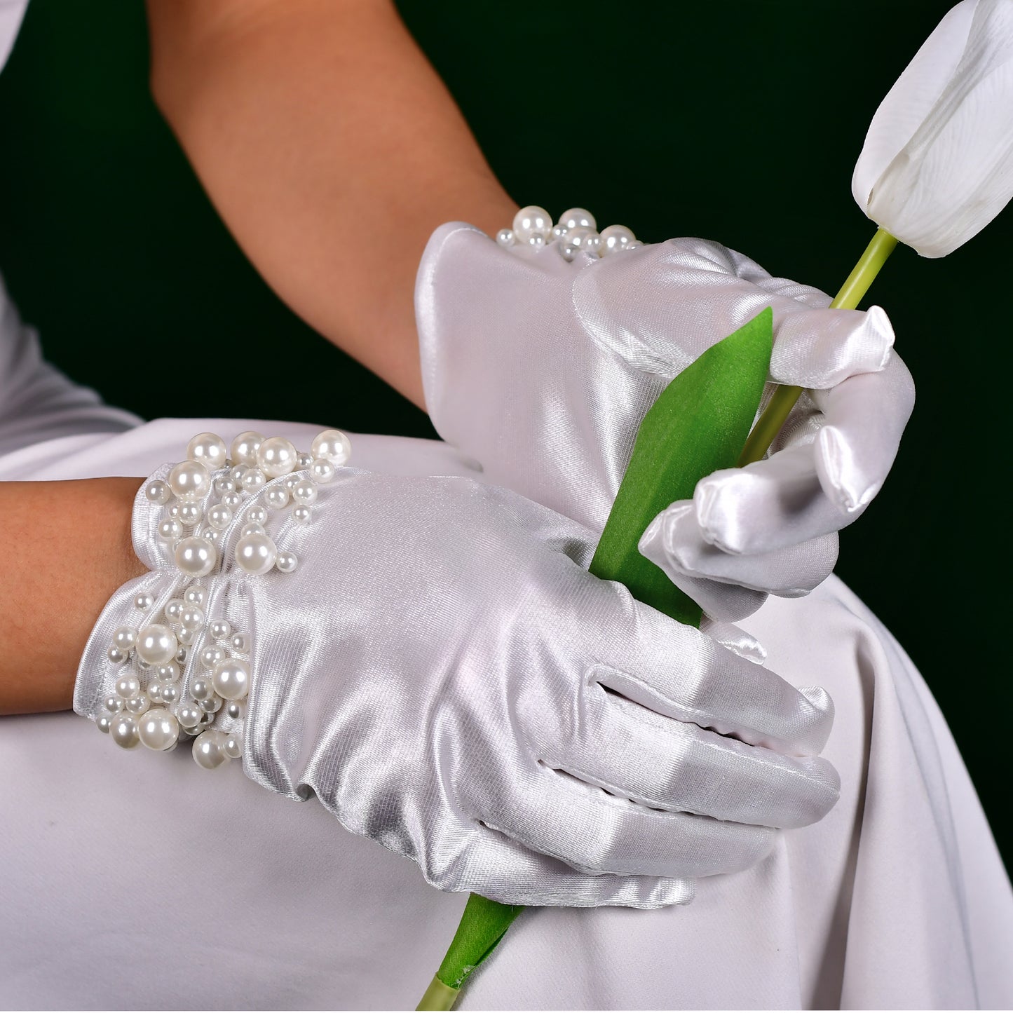 BRIDELLA BMM13 White Pearl Short Bridal Gloves Wedding Dress Accessories Evening Dress Accessories