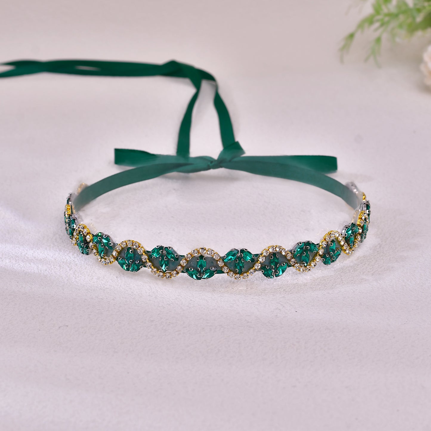 BS203KL-Green Ribbon emerald rhinestone belt