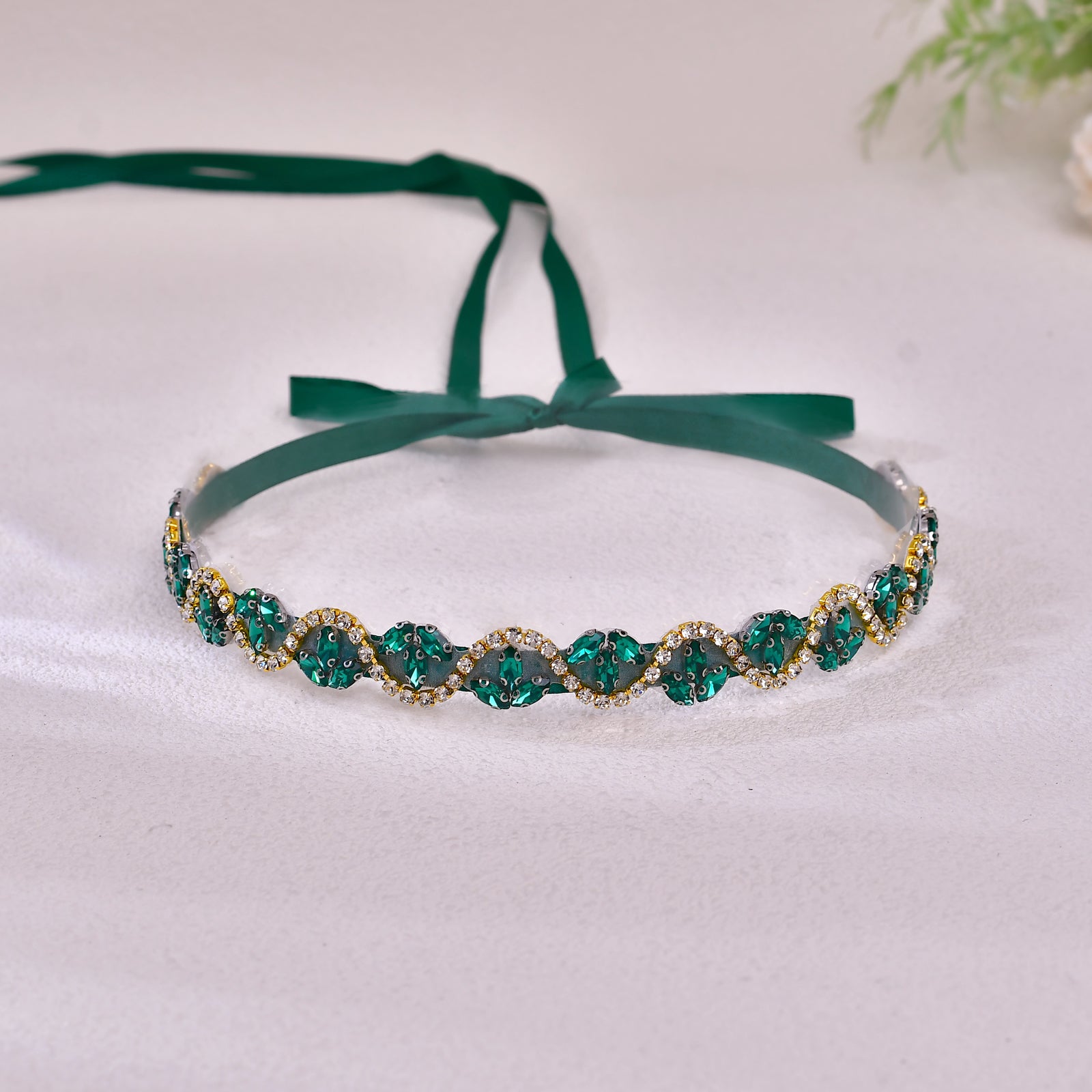 BS203KL-Green Ribbon emerald rhinestone belt