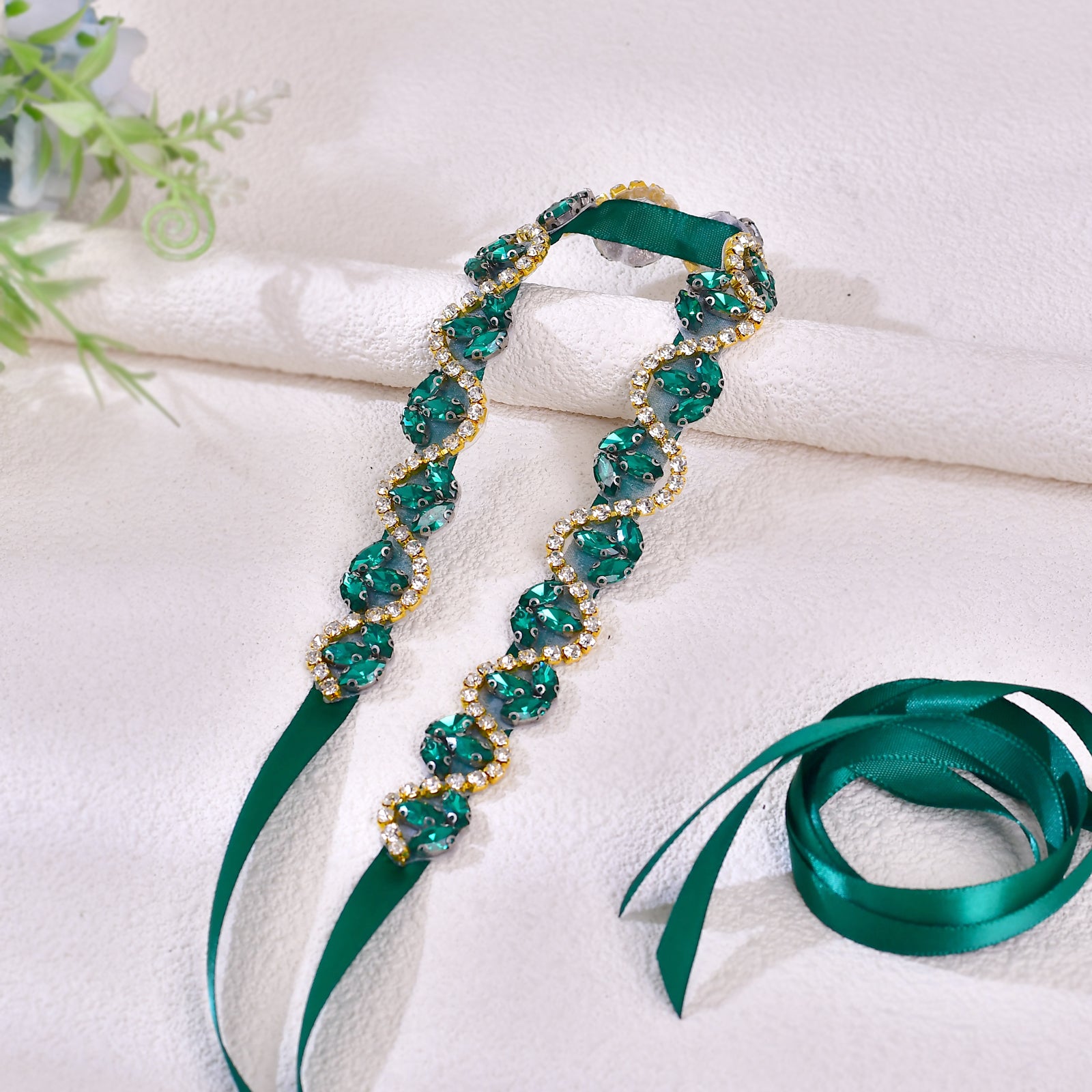 BS203KL-Green Ribbon emerald rhinestone belt