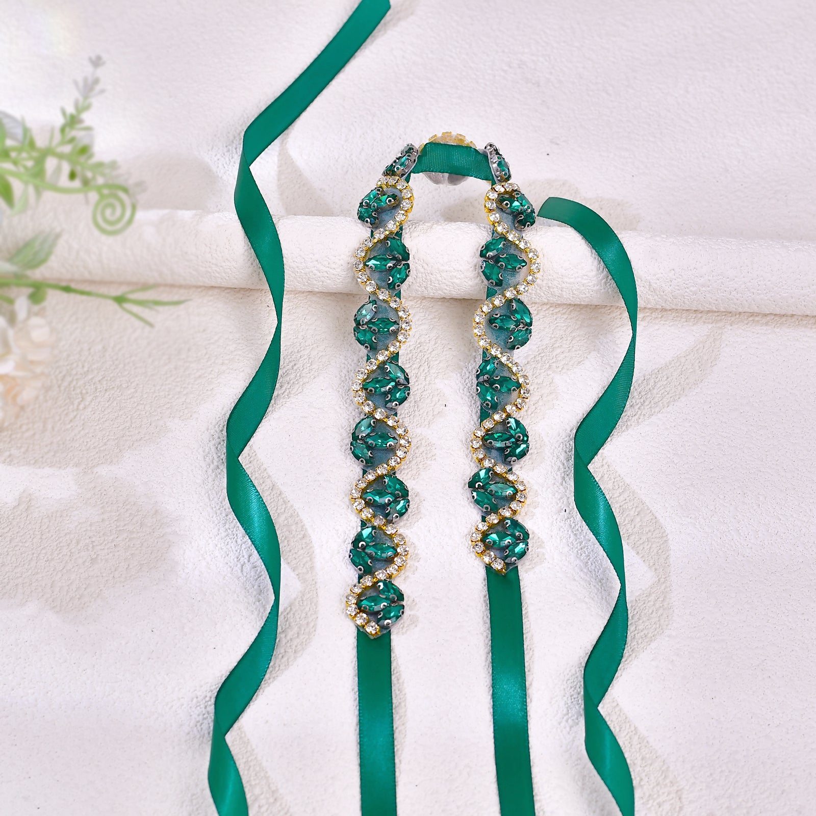 BS203KL-Green Ribbon emerald rhinestone belt