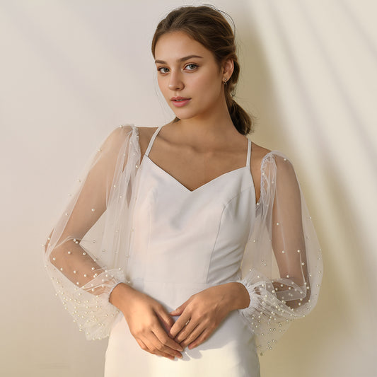 BRIDELLA BMM39 Pearl Cuff Bridal Gloves Wedding Accessories Fingerless Ladies Dress With Detachable Sleeves