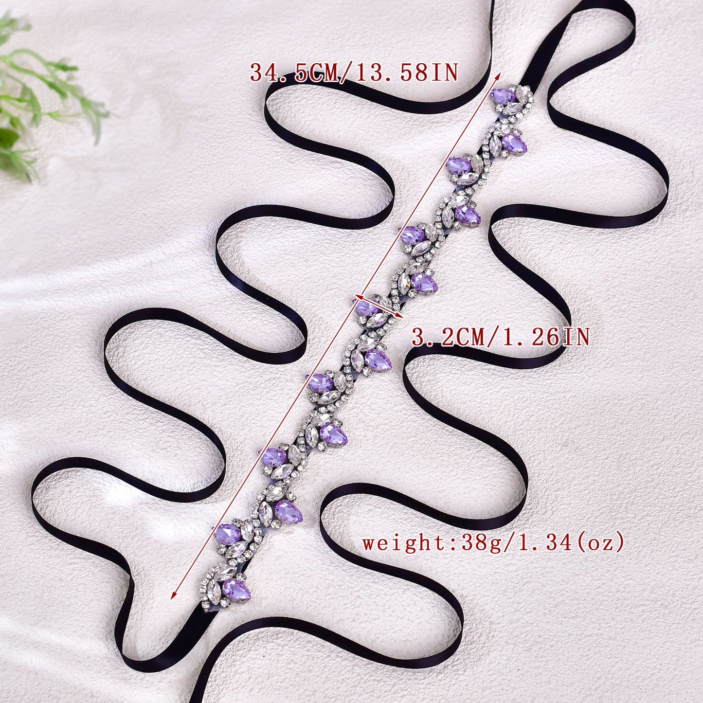 BS211LA- Black ribbon lavender rhinestone belt