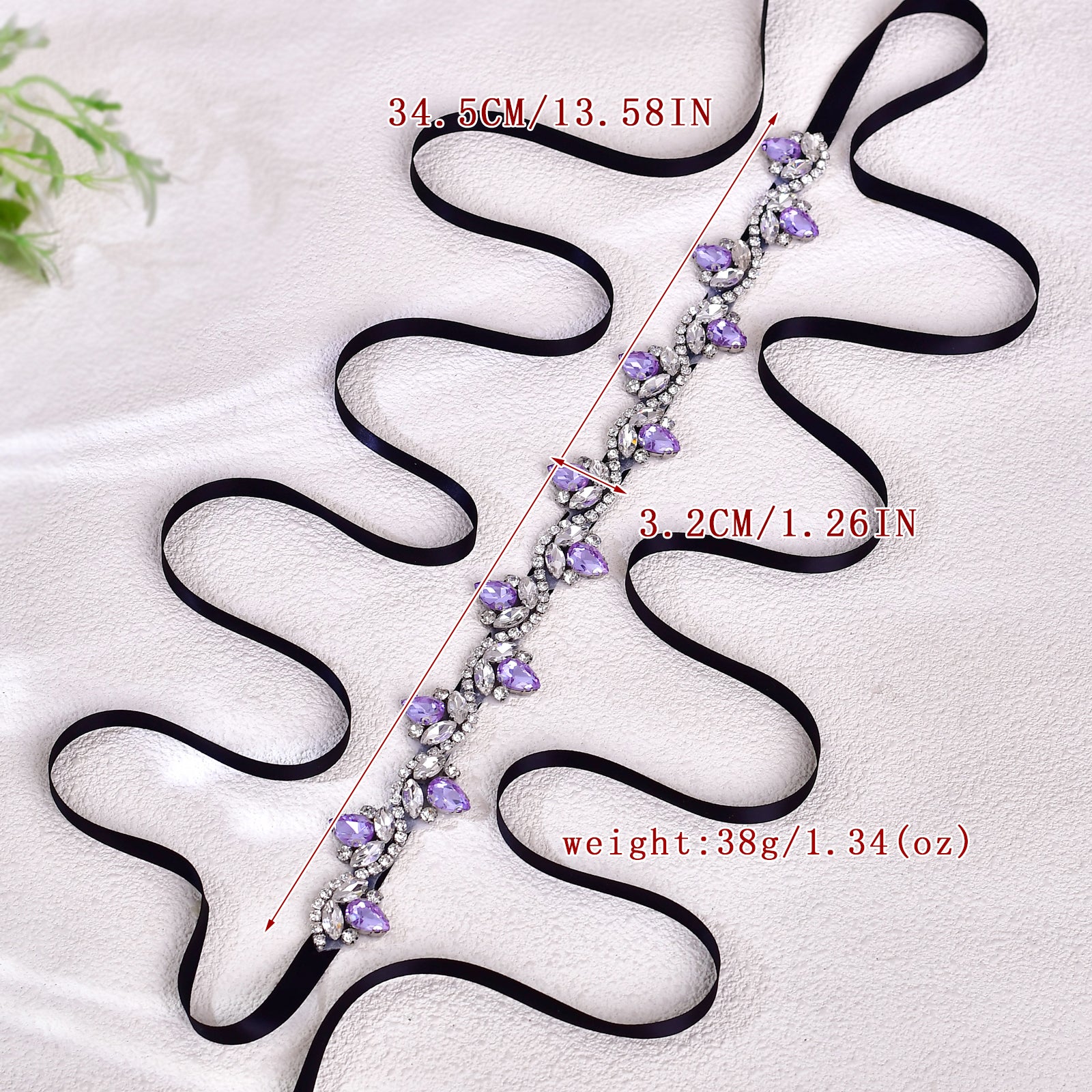 BS211LA- Black ribbon lavender rhinestone belt