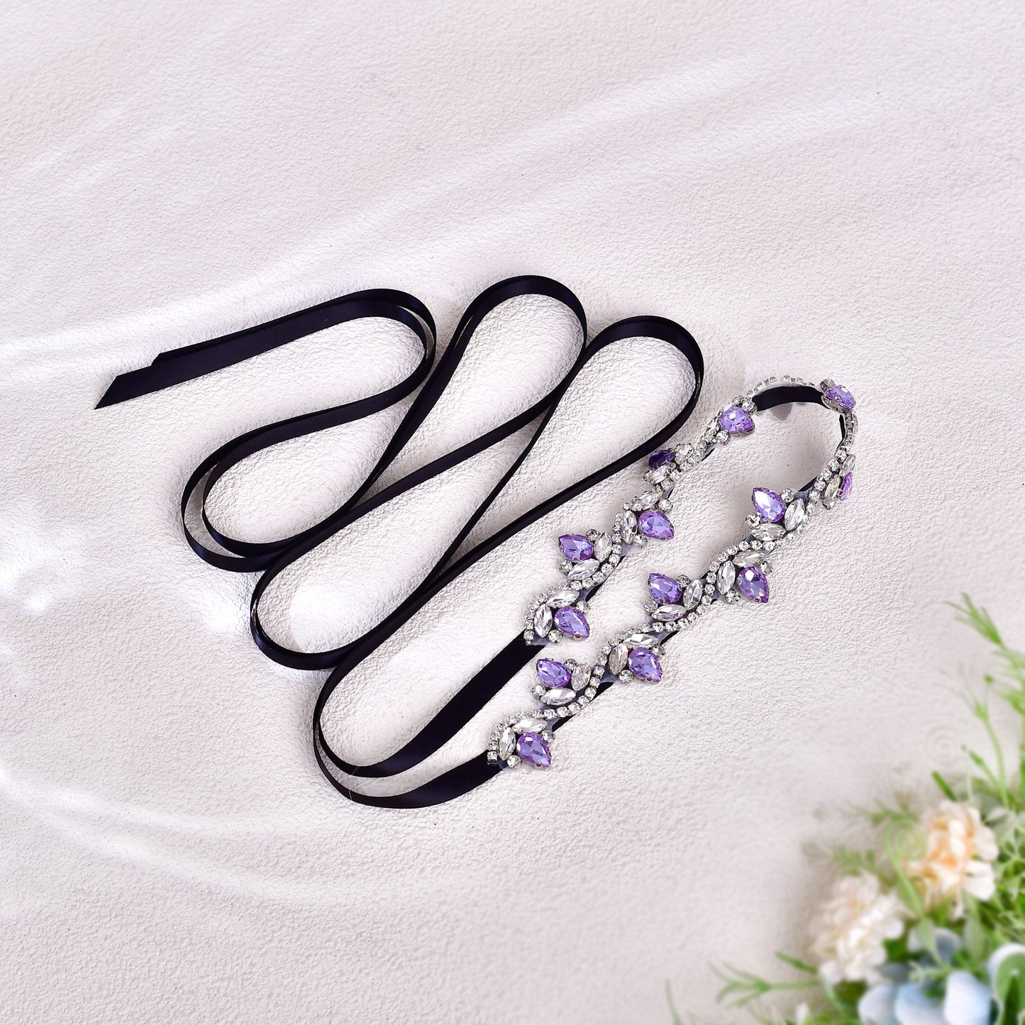 BS211LA- Black ribbon lavender rhinestone belt