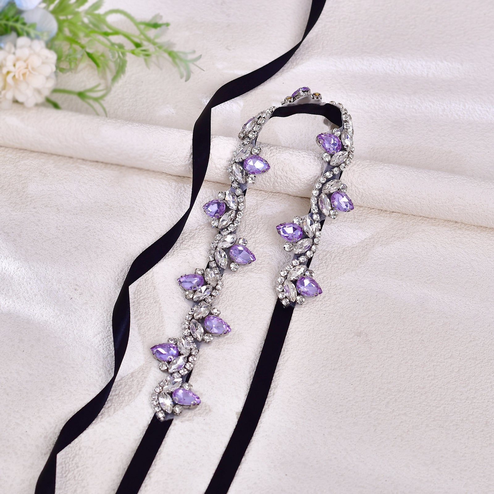BS211LA- Black ribbon lavender rhinestone belt