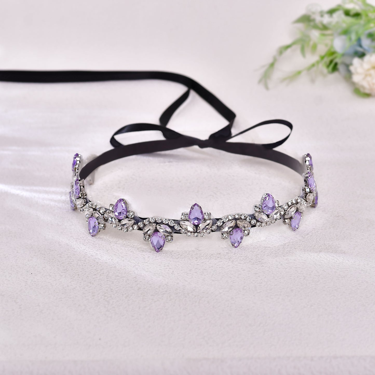 BS211LA- Black ribbon lavender rhinestone belt