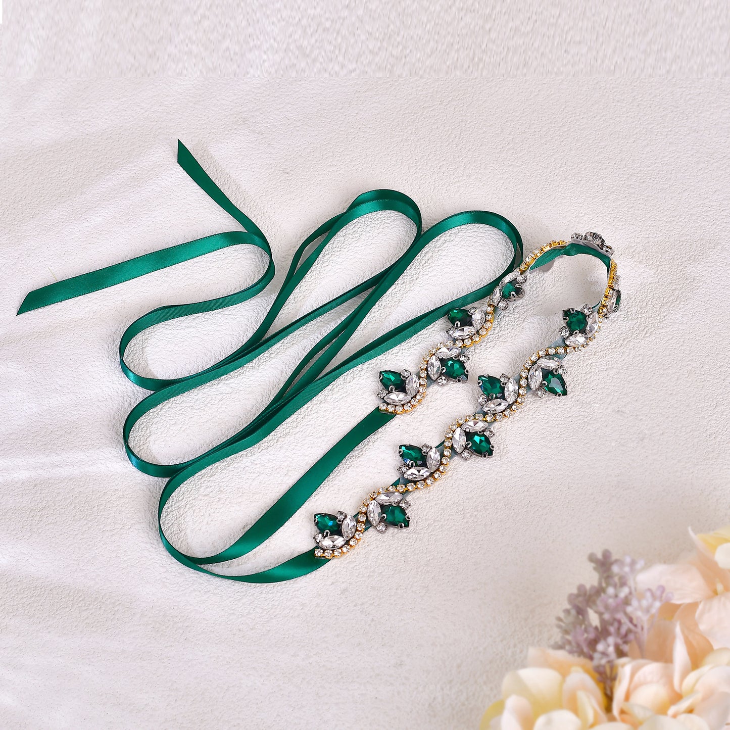 BS211KL-Green Ribbon emerald rhinestone belt