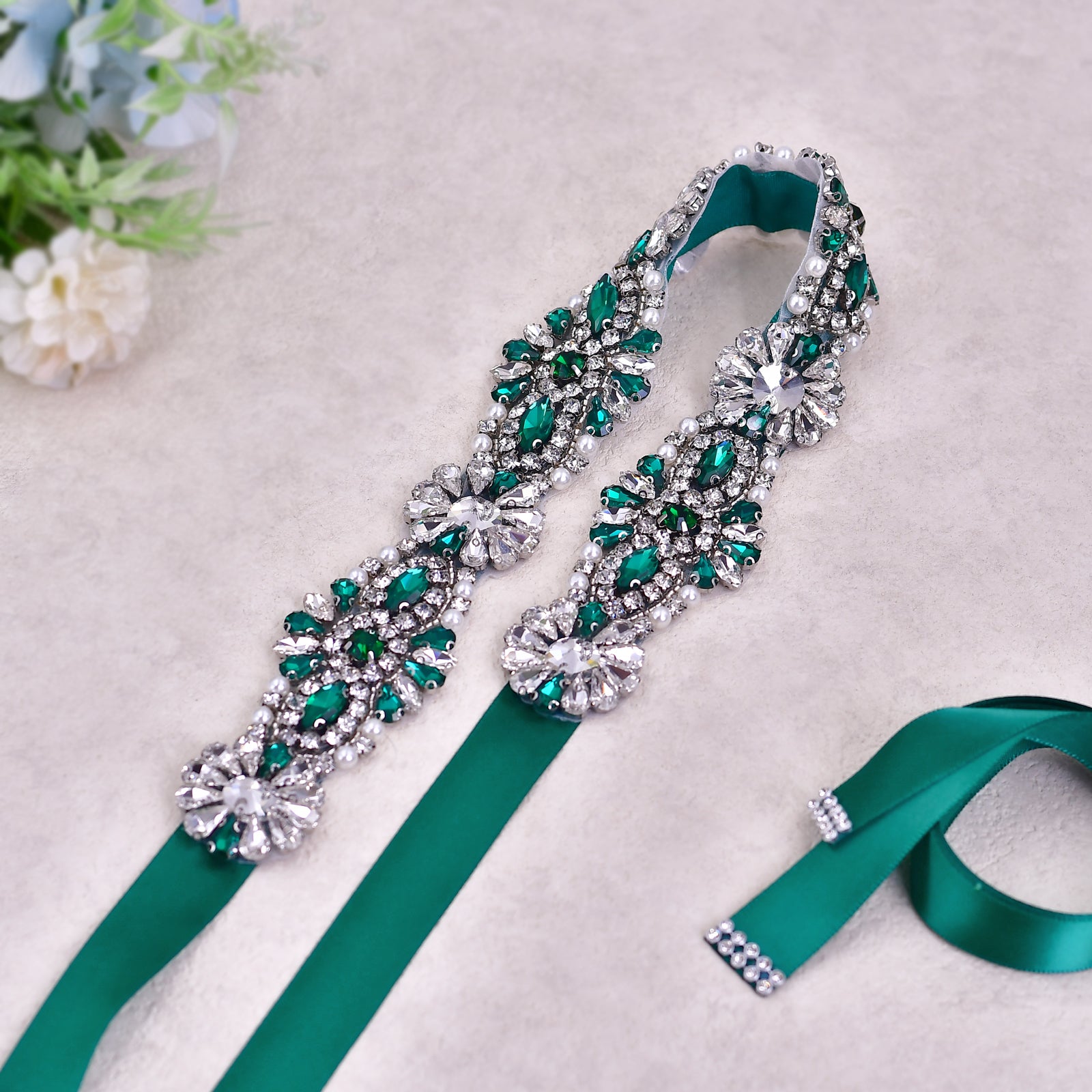 BS237KL-Green Ribbon green rhinestone belt