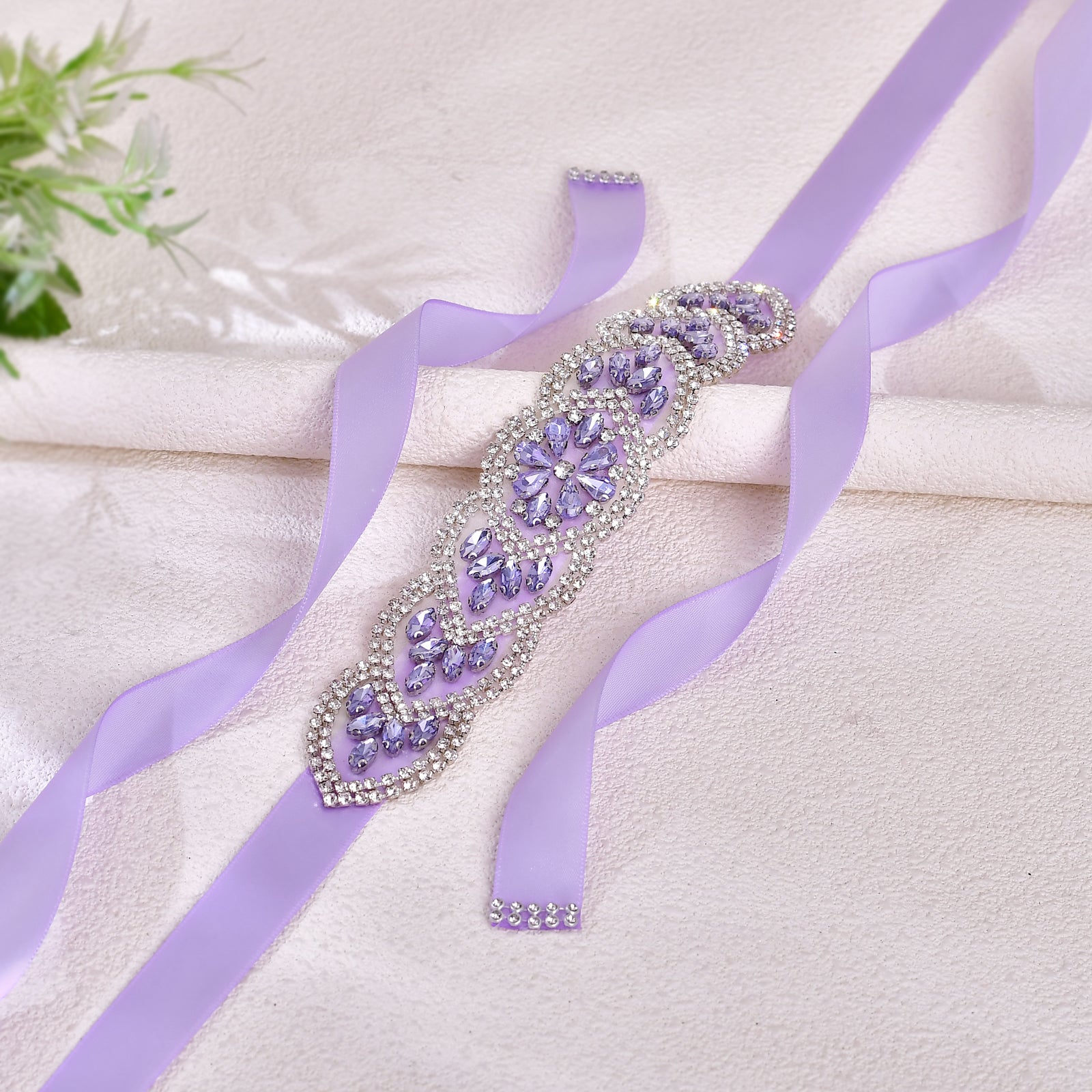 BS248LA-Light purple ribbon lavender rhinestone belt