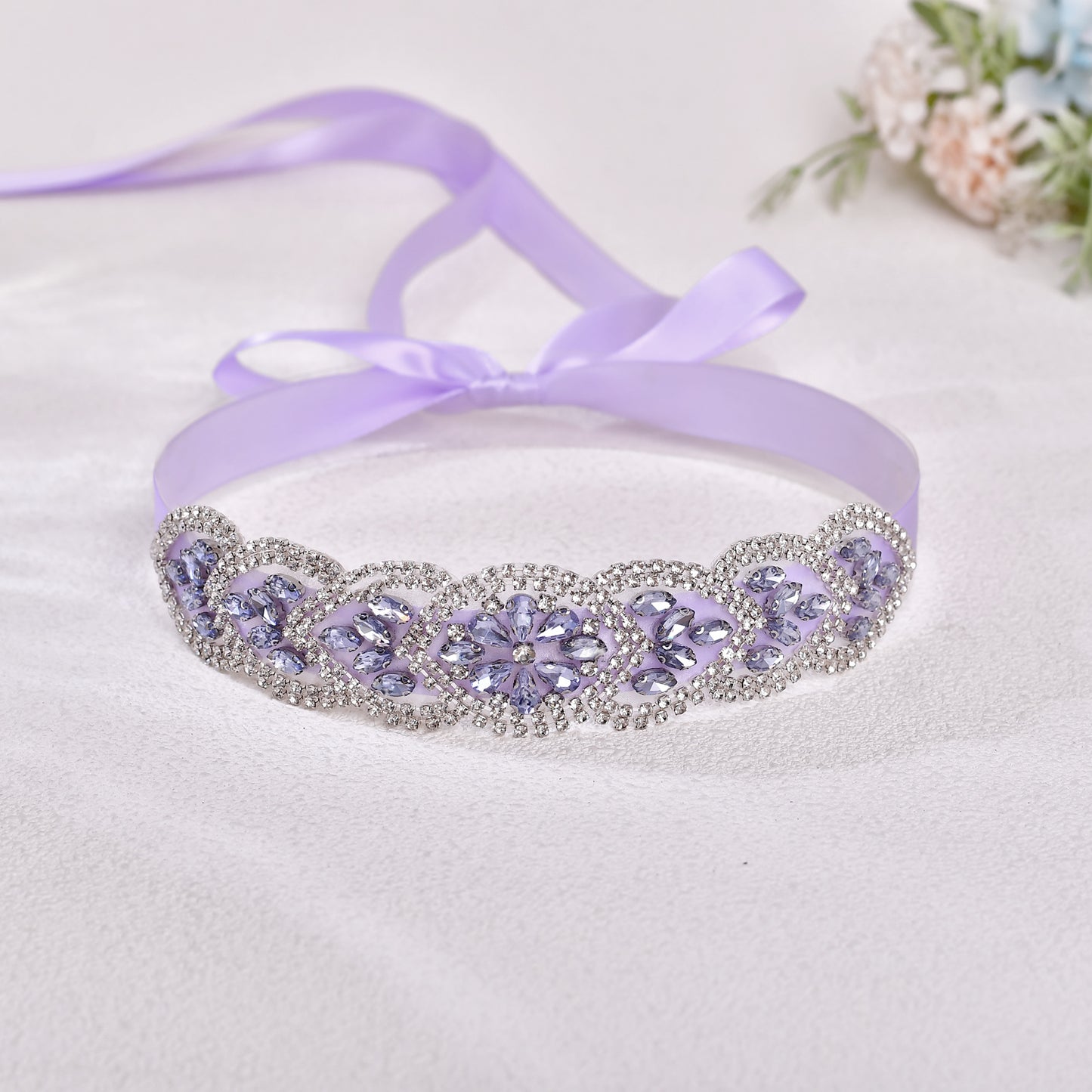 BS248LA-Light purple ribbon lavender rhinestone belt