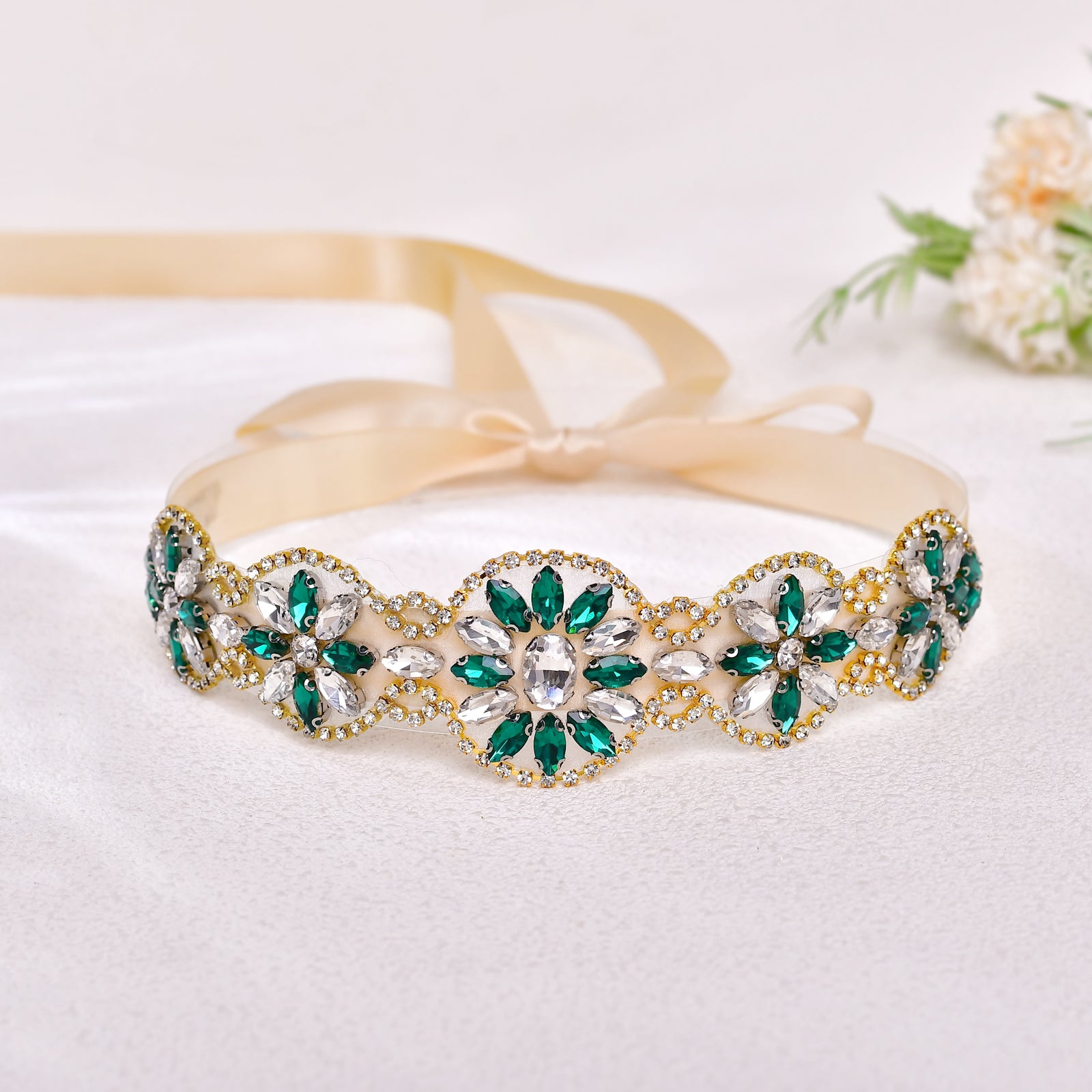 BS257- Champagne Ribbon red rhinestone belt