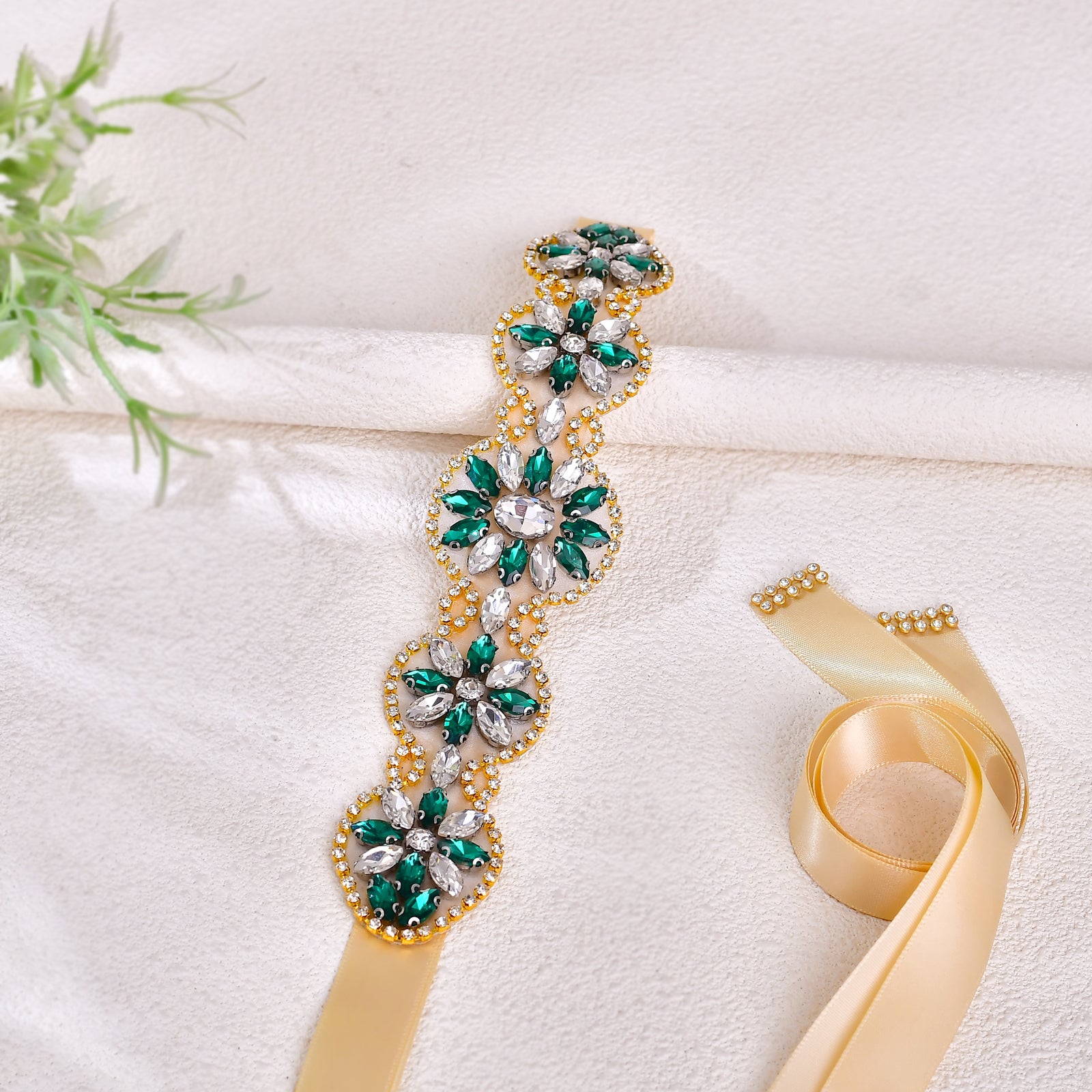 BS257- Champagne Ribbon red rhinestone belt