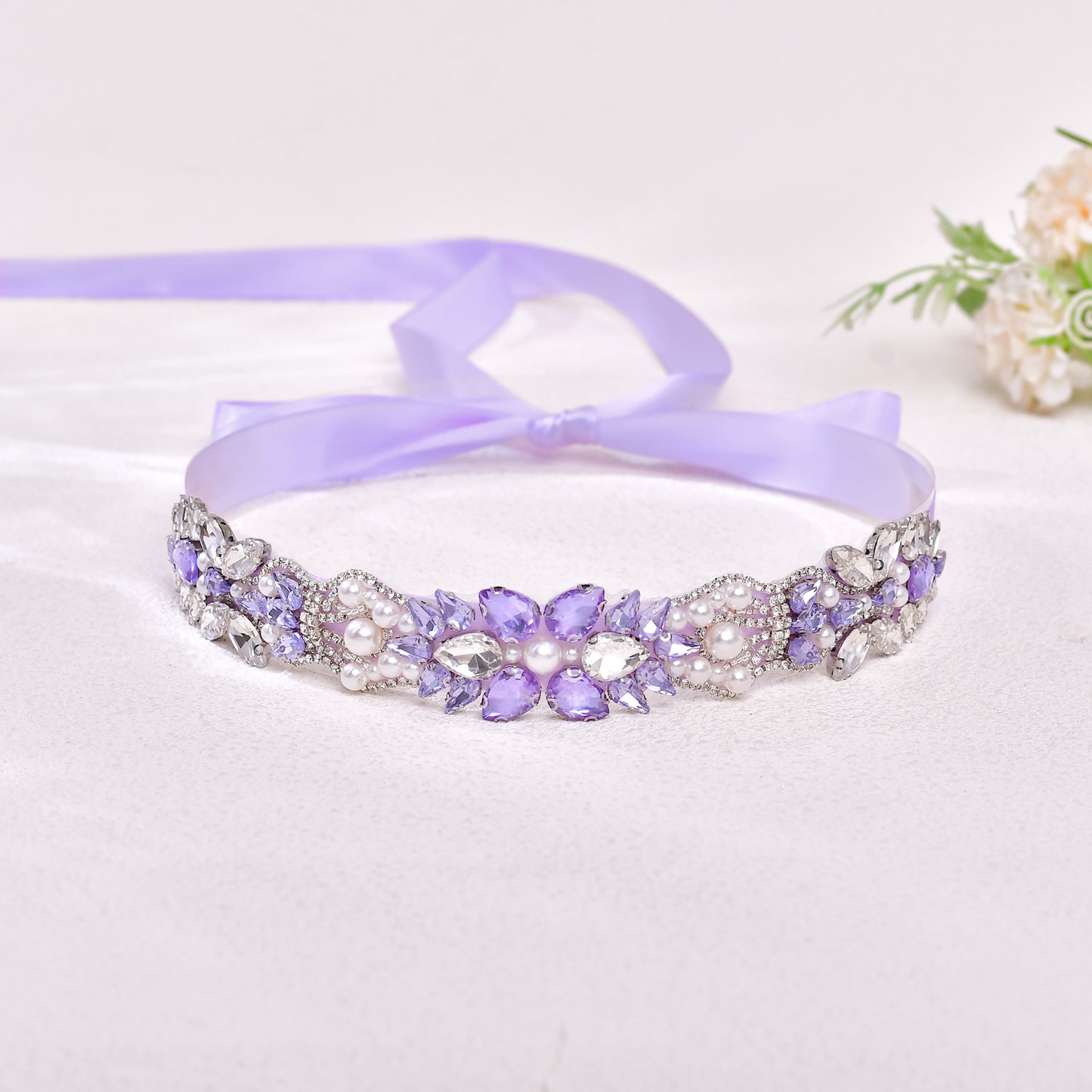 BS258-light purple lavender rhinestone pearl belt