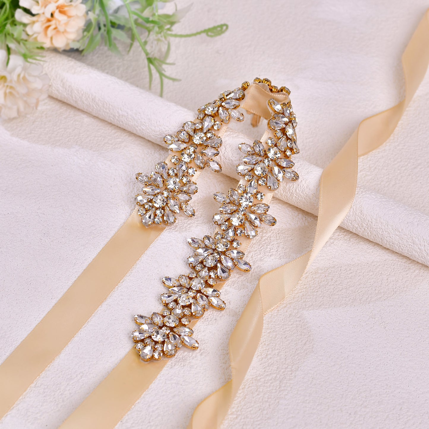 BS269G-D-Champagne Ribbon gold rhinestone belt