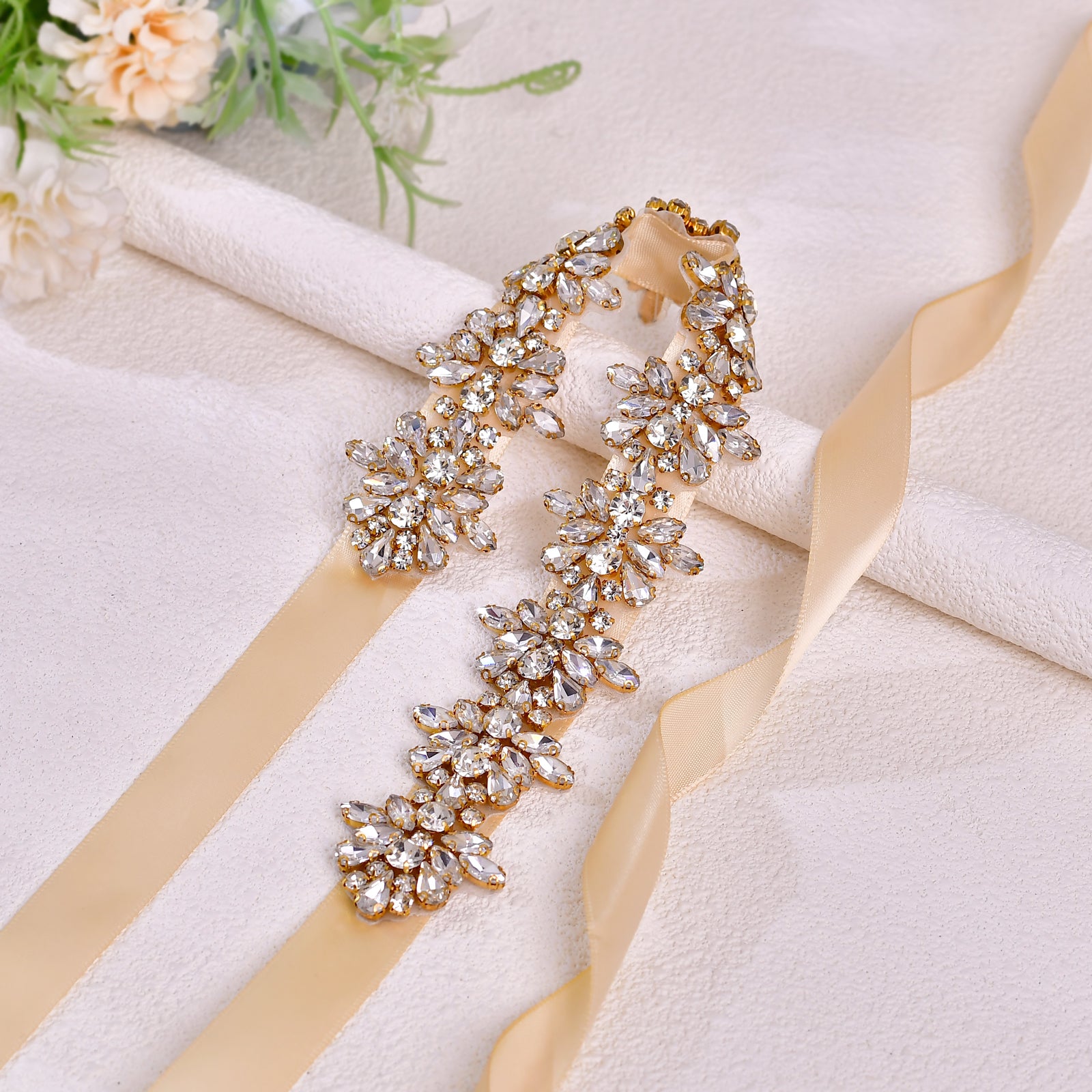 BS269G-D-Champagne Ribbon gold rhinestone belt