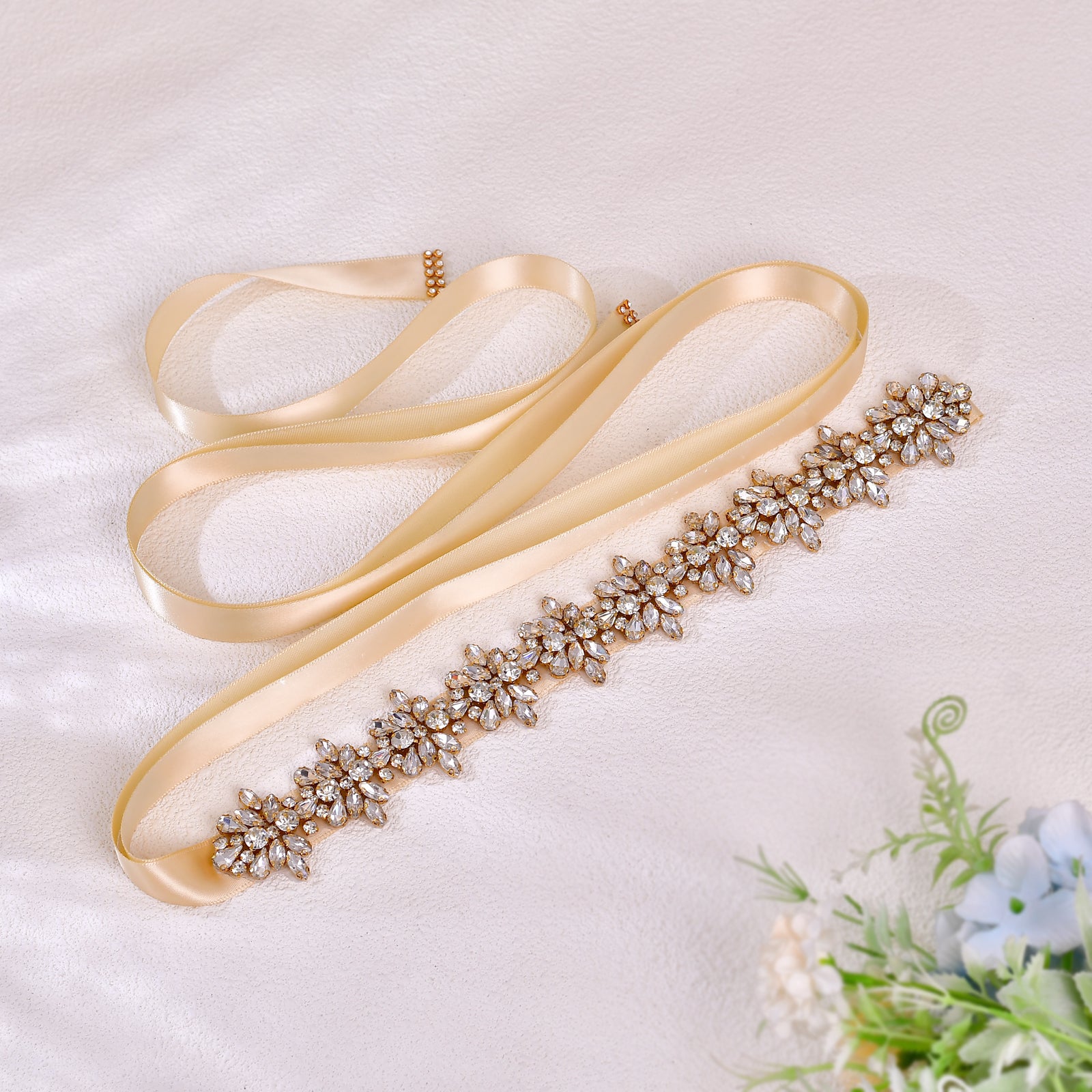 BS269G-D-Champagne Ribbon gold rhinestone belt