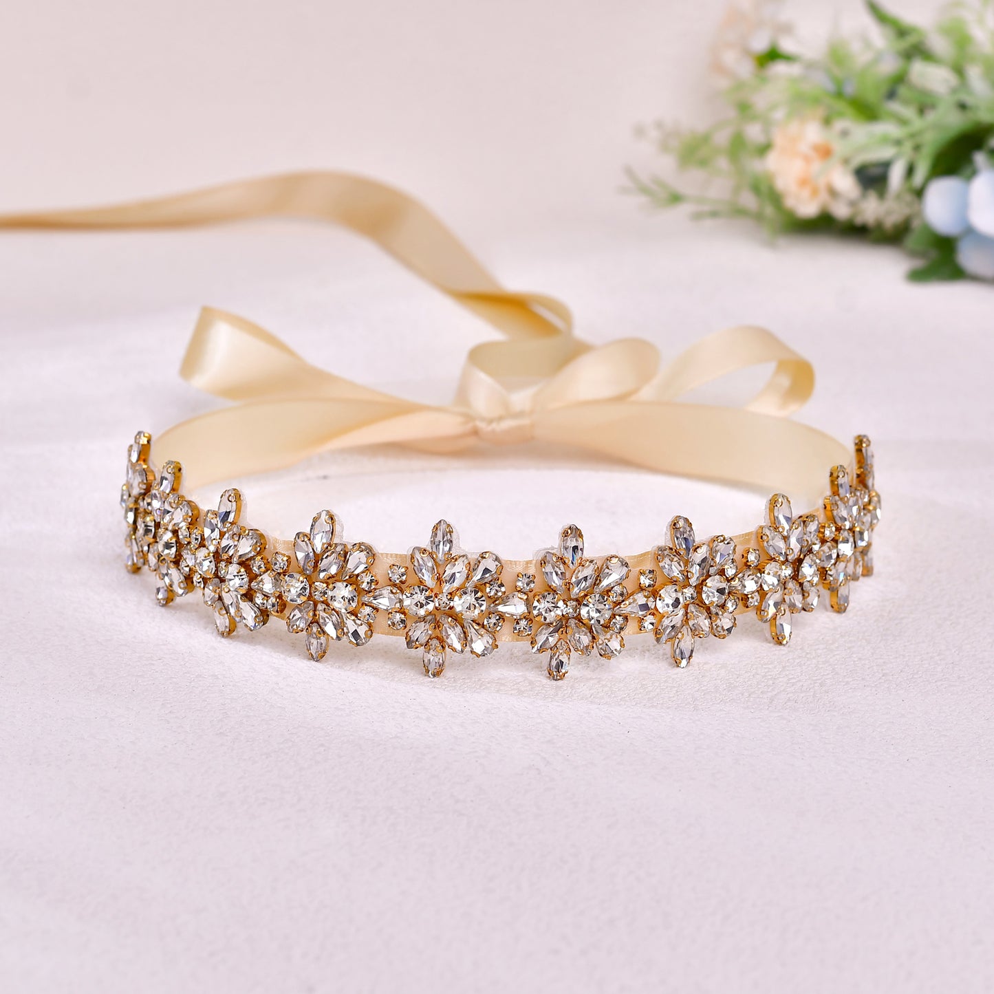 BS269G-D-Champagne Ribbon gold rhinestone belt