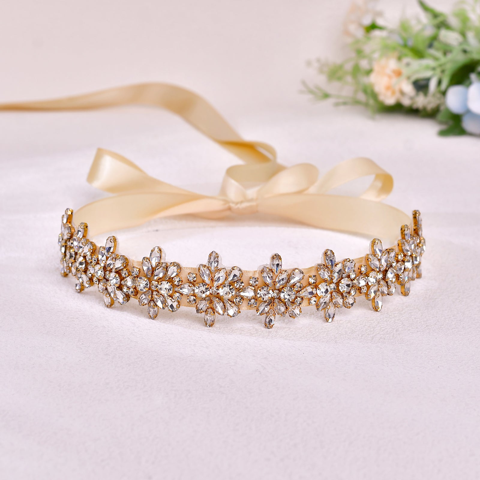 BS269G-D-Champagne Ribbon gold rhinestone belt