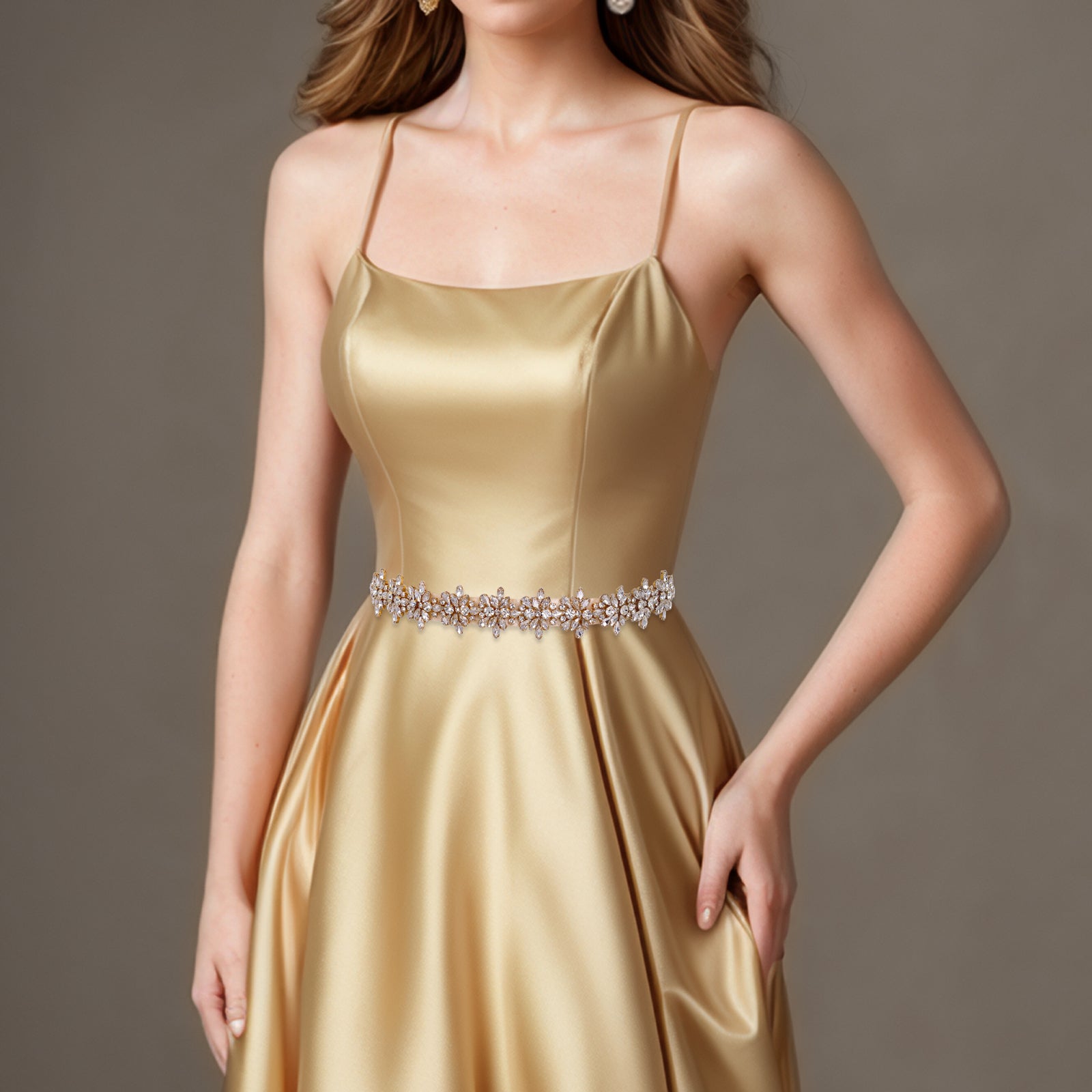 BS269G-D-Champagne Ribbon gold rhinestone belt