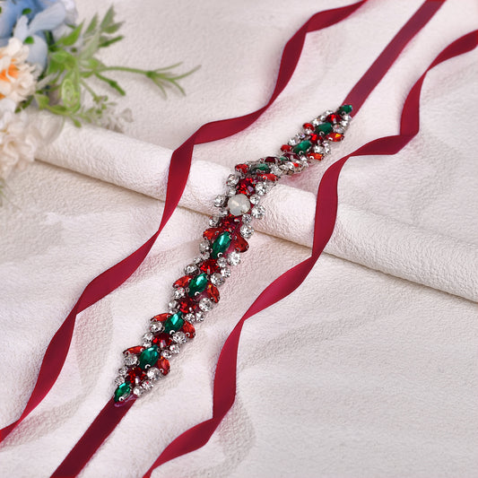BS113R burgundy rhinestone pearl belt