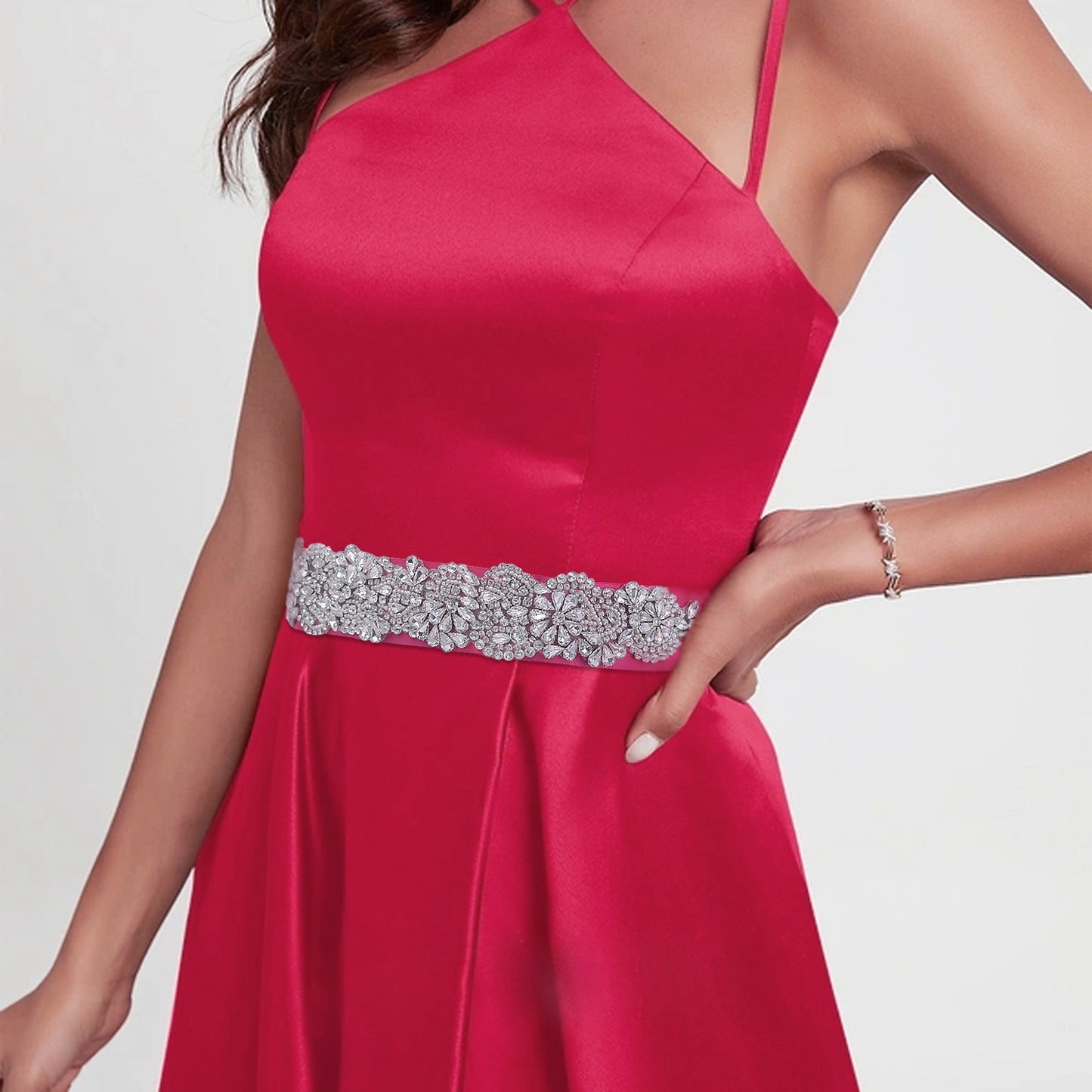 BRIDELLA BS120 Silver Elegant Holiday Waist Accessory With Rose Red Satin Ribbon That