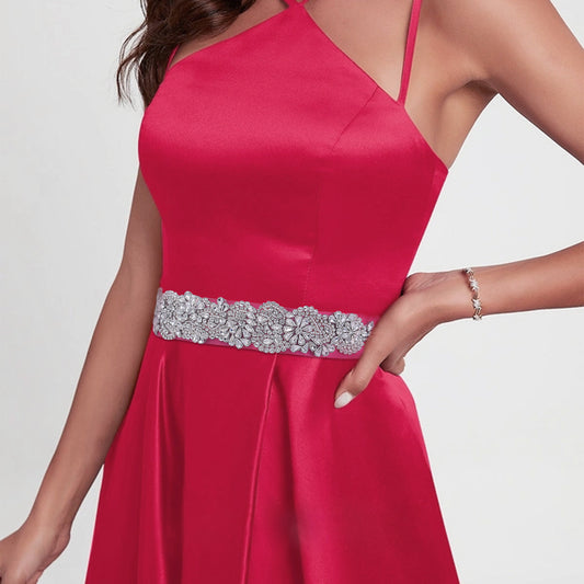 BRIDELLA BS120 Silver Elegant Holiday Waist Accessory With Rose Red Satin Ribbon That