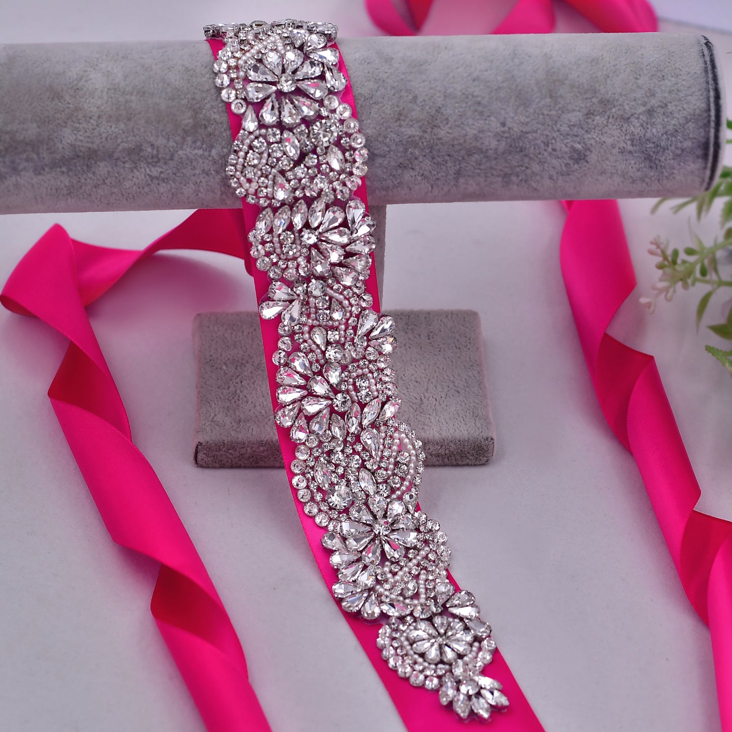 BRIDELLA BS120 Silver Elegant Holiday Waist Accessory With Rose Red Satin Ribbon That